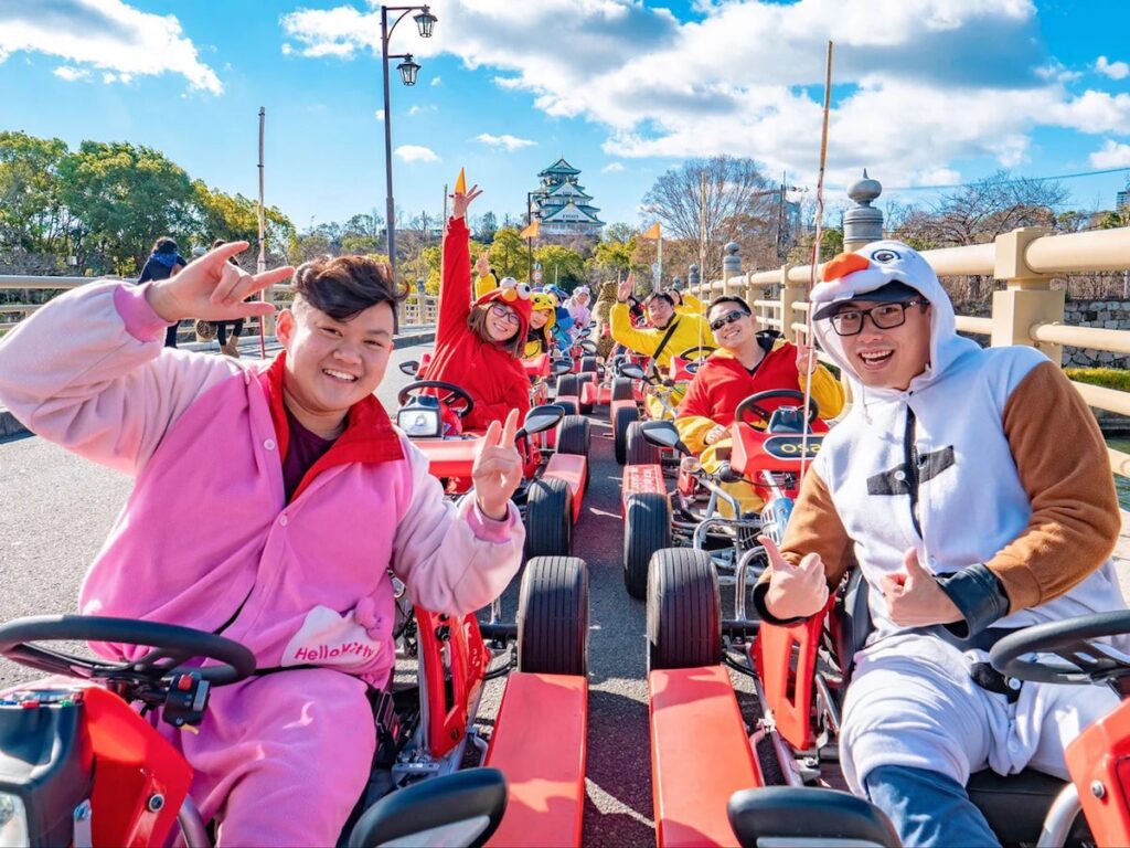 Street go-karting in Osaka with Osaka Castle in the background