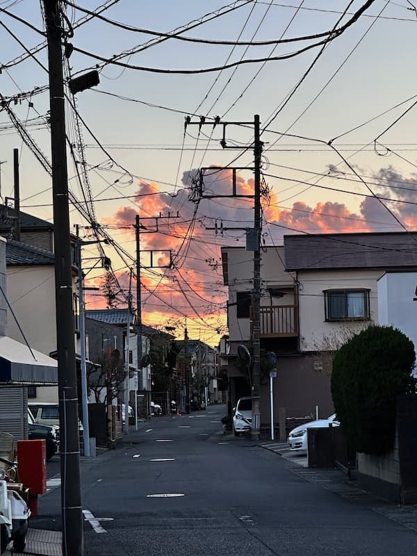 A residential street in Oiso with utility poles and wires against a sunset sky.