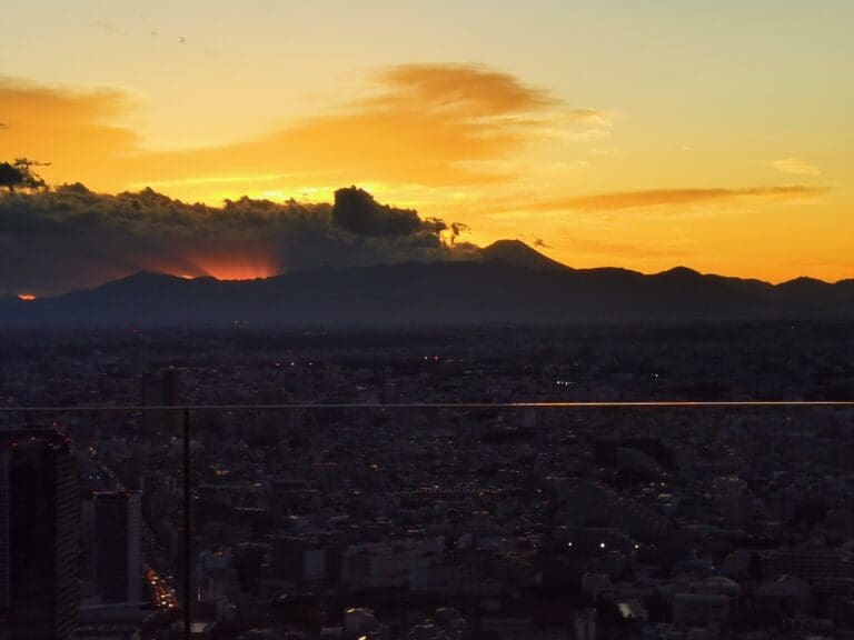 Sunset over Shibuya cityscape with Mount Fuji silhouette