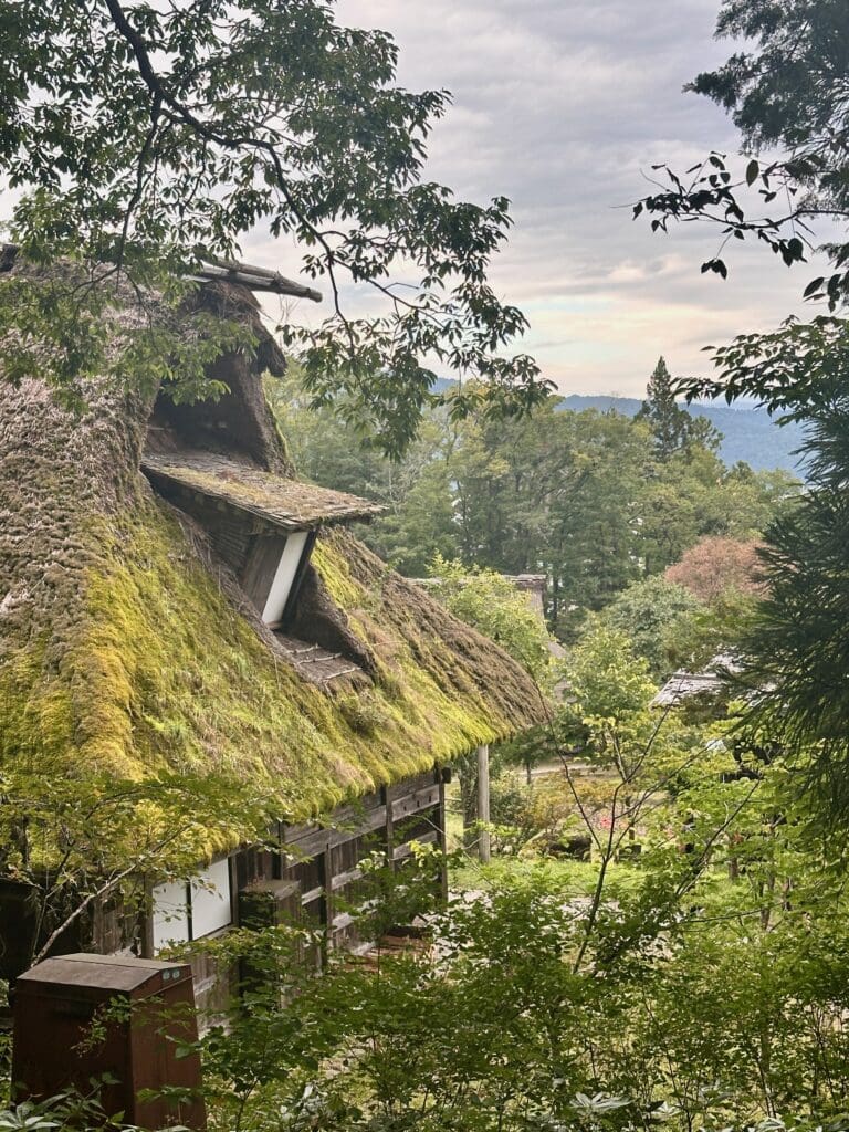 Moss-covered thatched roof farmhouse at Hida Folk Village with surrounding greenery and distant hills