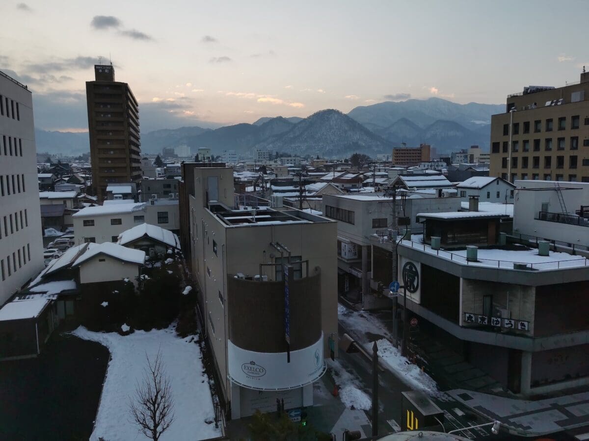 Snowy mountain view from a hotel room in Yamagata
