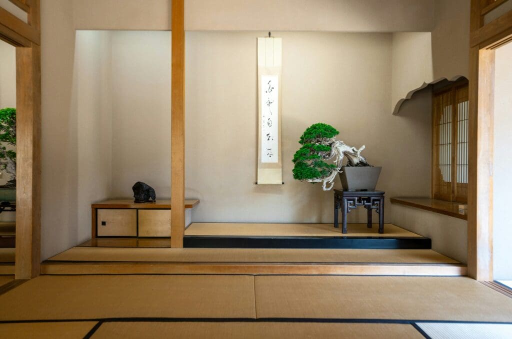 Japanese tea ceremony room with tatami mats, a tokonoma alcove displaying a calligraphy scroll and a bonsai on a wooden stand