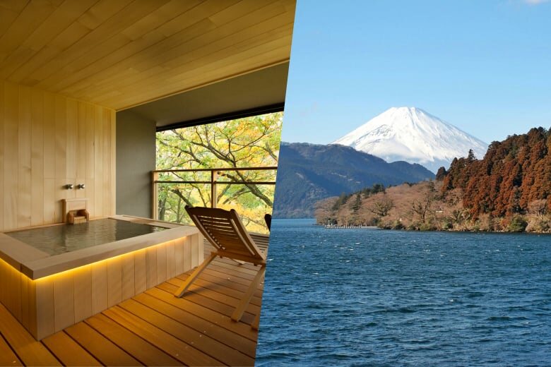 Modern Japanese hot spring bath overlooking autumn trees, with Mount Fuji and Lake Ashi in Hakone in the background