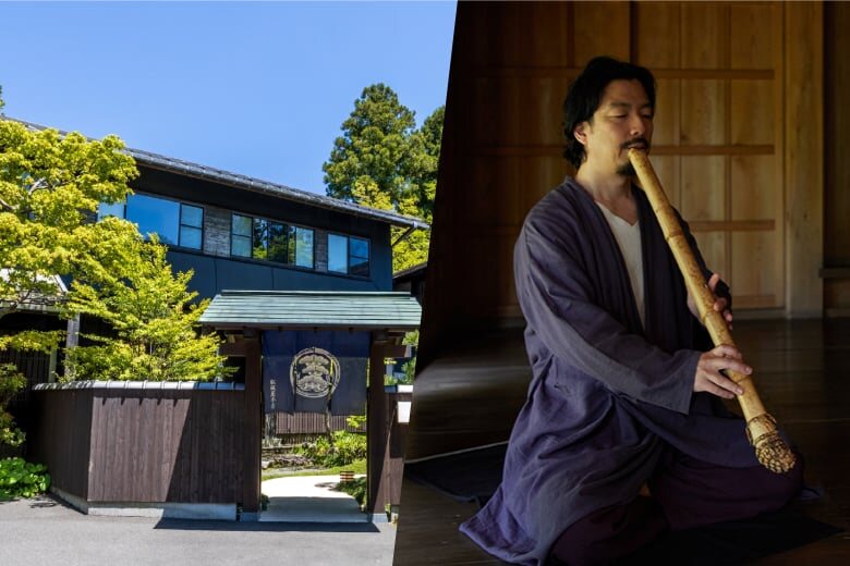 Hakone Matsuzakaya Honten ryokan exterior and a man playing a bamboo flute indoors