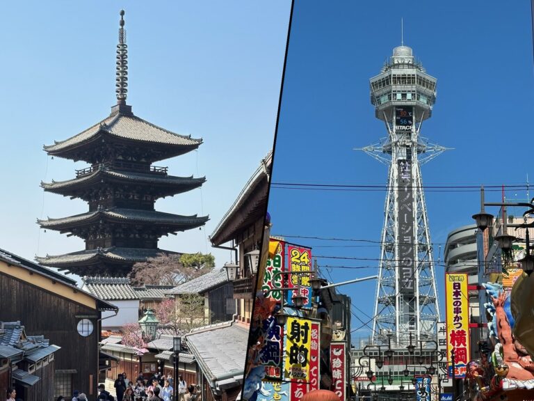 Kyoto or Osaka: Where Should You Stay? Three-story pagoda roof and Osaka Ferris wheel tower against a clear blue sky in Kyoto and Osaka