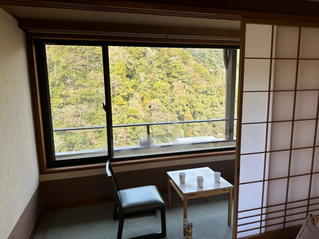 Ryokan room balcony with a table and chairs looking out onto a lush green forest