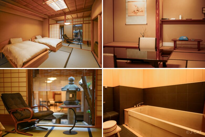 Traditional tatami room and bath at Sumiya Ryokan in Kyoto