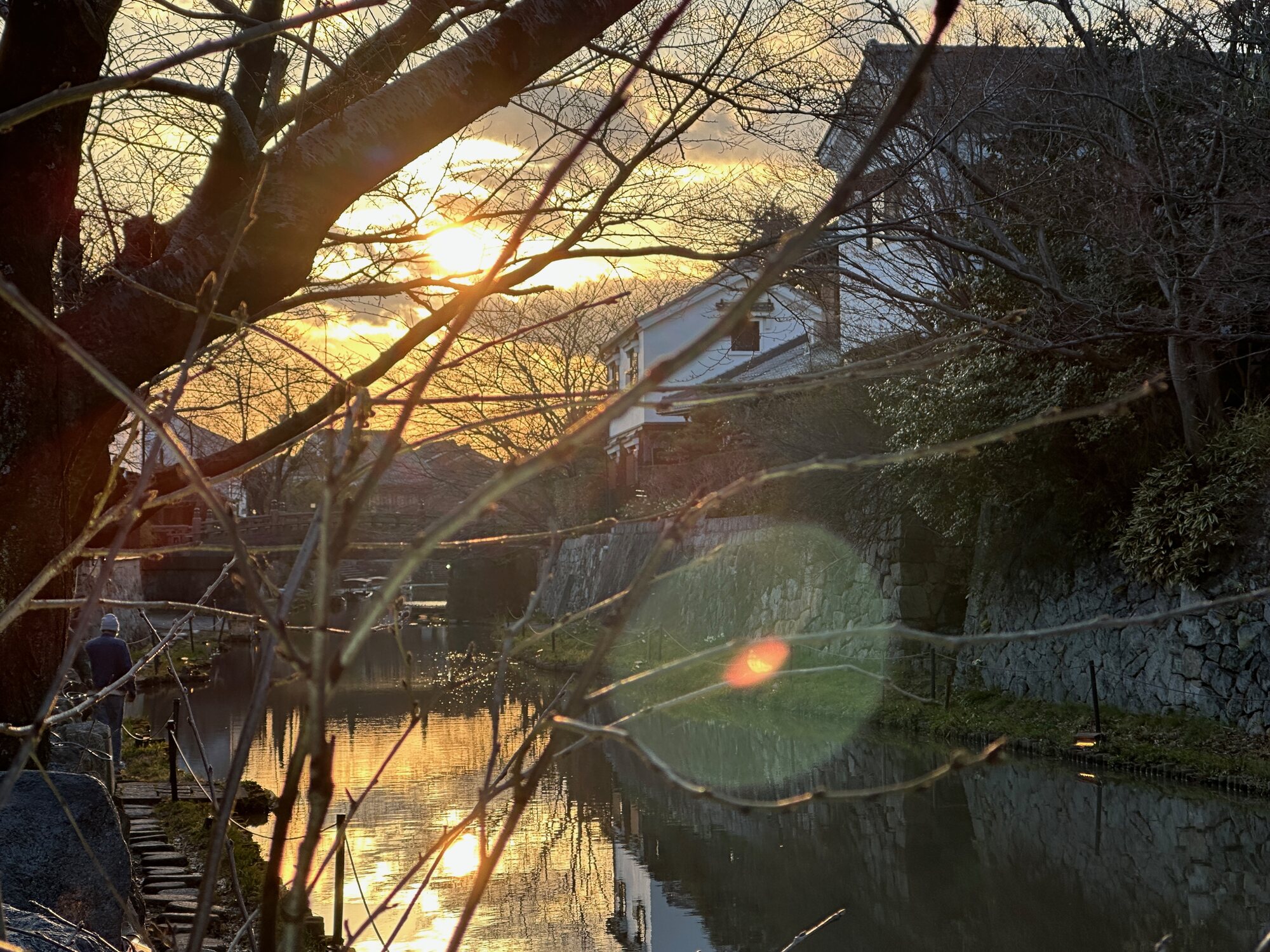 Sunset view over the canal in Omi-Hachiman, with a white building and trees along the water reflecting the sky.