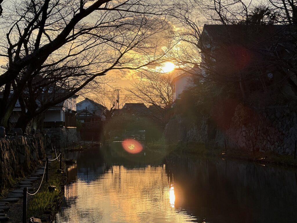 Sunset over the canal and riverside path in Omihachiman, with bare trees and reflections on the water