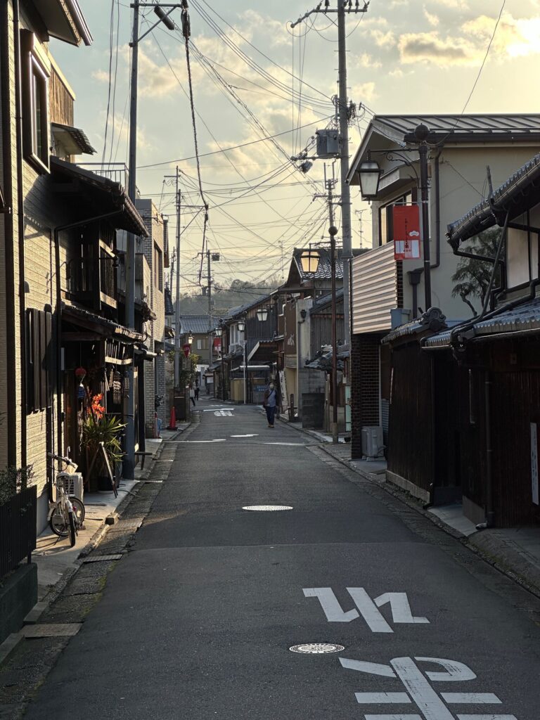 Quiet street in Omihachiman Old Town with traditional buildings, utility poles, and a pedestrian walking ahead
