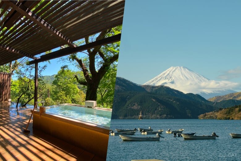 Open-air hot spring bath at Ashikari in Yugawara with Mount Fuji and boats on the lake